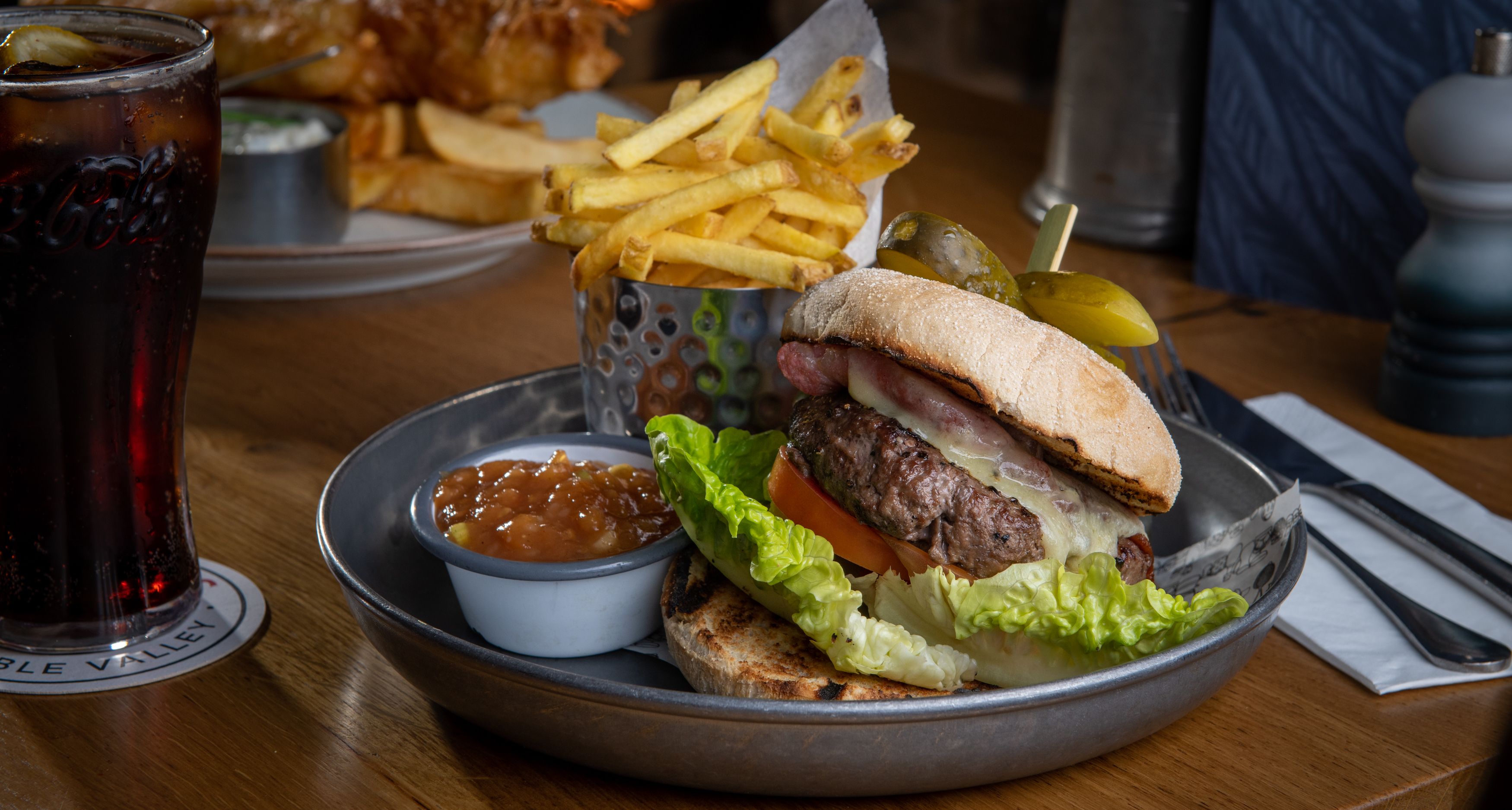 Cheese burger and fries with pint of coke